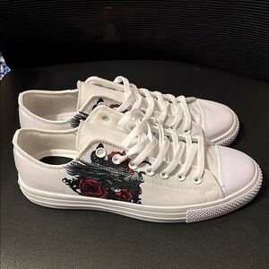 White Canvas Sneakers with Dragon and Rose Design men’s size 10.5